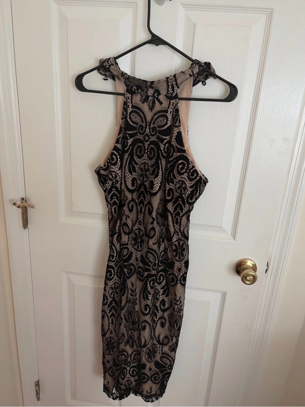Sleeveless Lace-Overlay Bodycon Dress in Nude and Black